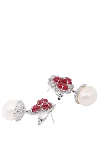 Red Ruby Cluster Top With Cultured Pearl Drop