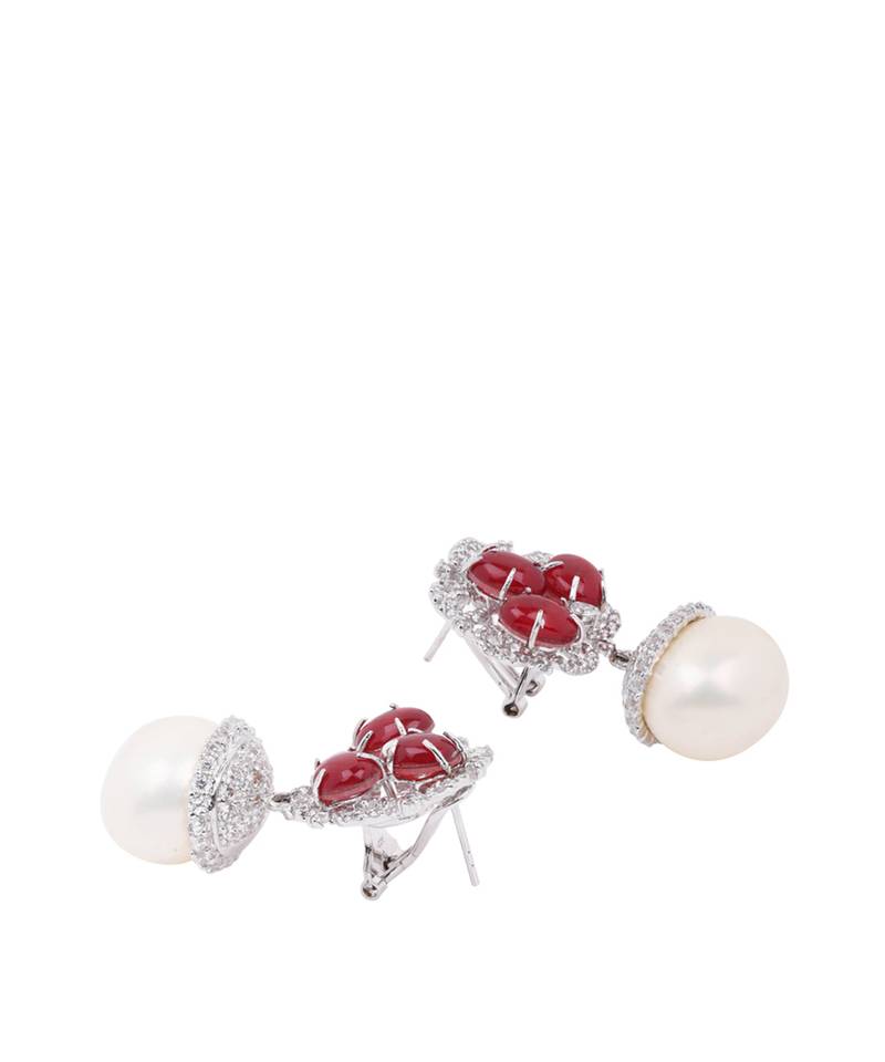 Red Ruby Cluster Top With Cultured Pearl Drop