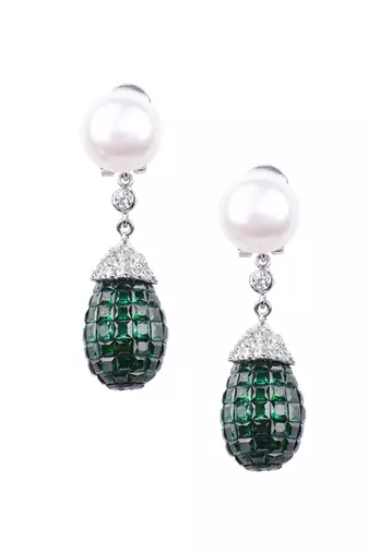 Green Cultured Pearl Top With Invisible Setting Emerlad Drop