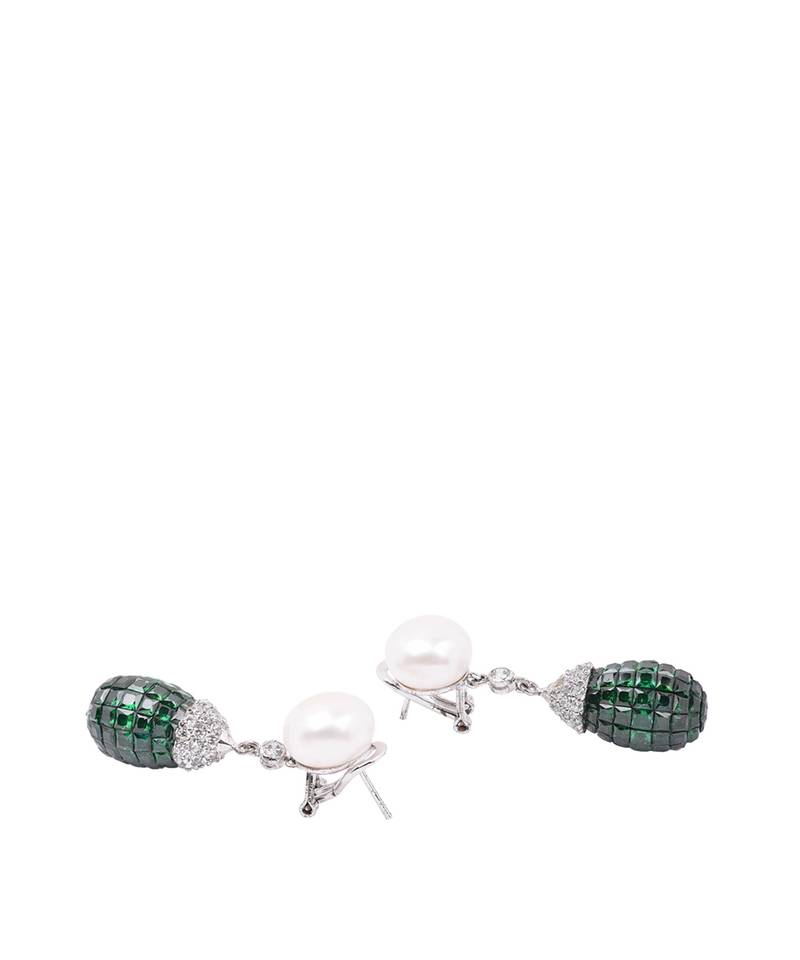 Green Cultured Pearl Top With Invisible Setting Emerlad Drop