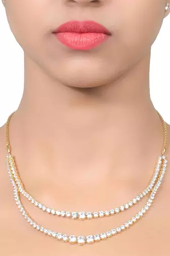 White 2 Row Solitaire Necklace With Earrings