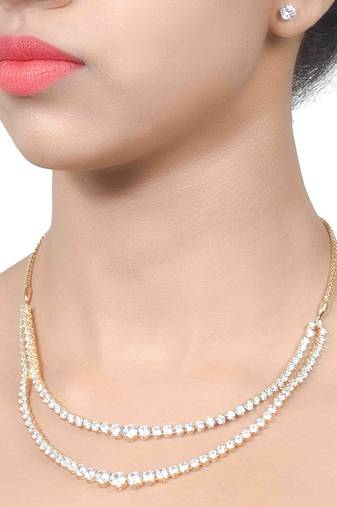 White 2 Row Solitaire Necklace With Earrings