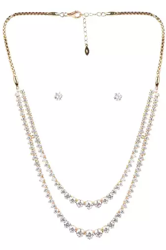 White 2 Row Solitaire Necklace With Earrings