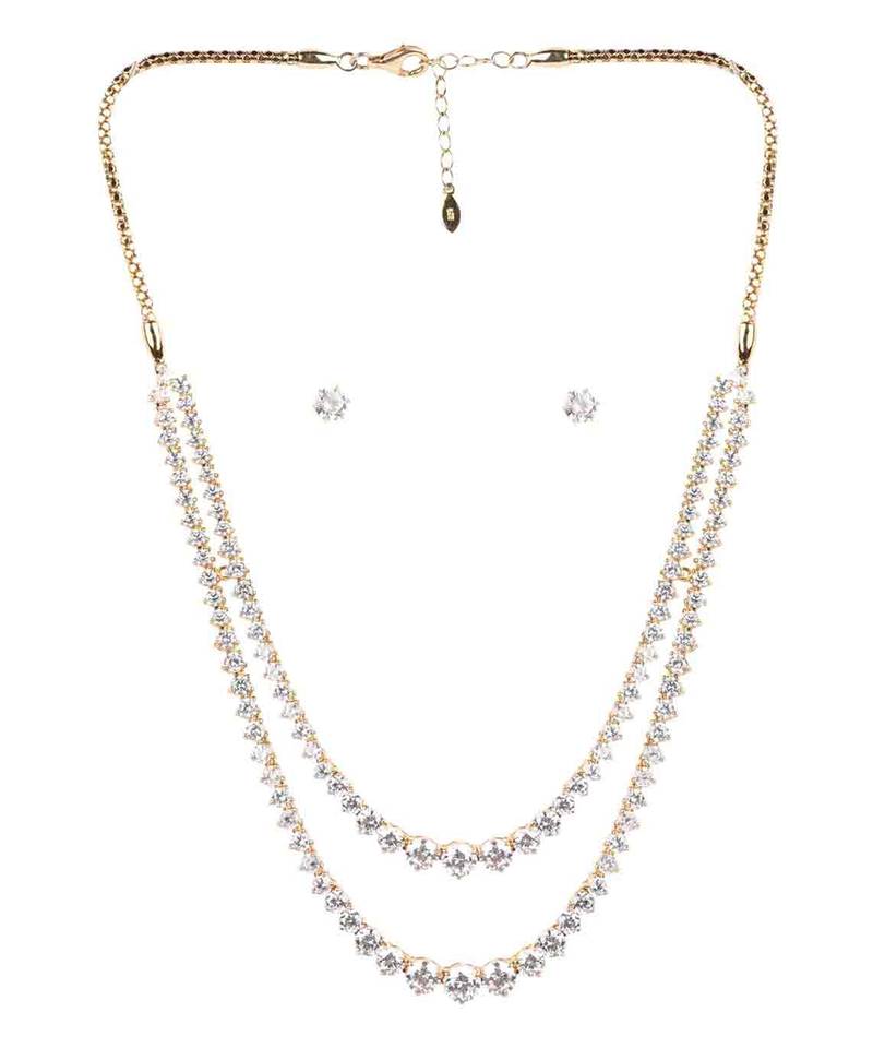 White 2 Row Solitaire Necklace With Earrings