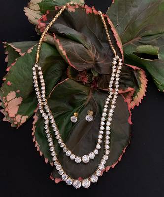 White 2 Row Solitaire Necklace With Earrings 4