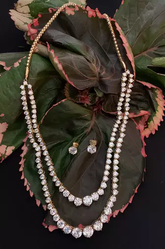 White 2 Row Solitaire Necklace With Earrings