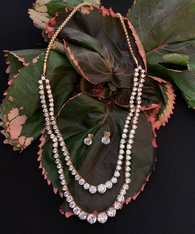 White 2 Row Solitaire Necklace With Earrings