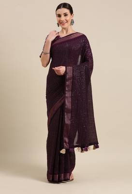 Purple Embroidered Cotton Saree With Blouse 1