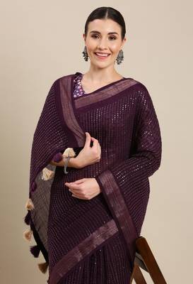 Purple Embroidered Cotton Saree With Blouse 3