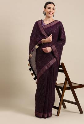 Purple Embroidered Cotton Saree With Blouse 5