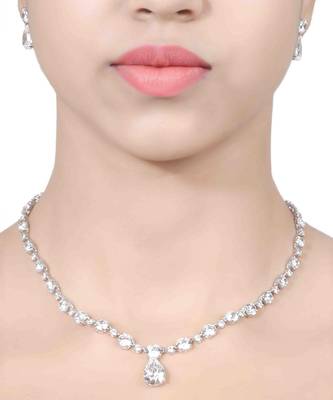 White Solitaire Necklace With Pear Drop Pendant And Earrings 2