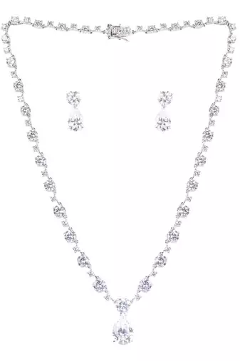 White Solitaire Necklace With Pear Drop Pendant And Earrings