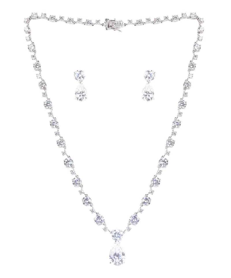 White Solitaire Necklace With Pear Drop Pendant And Earrings