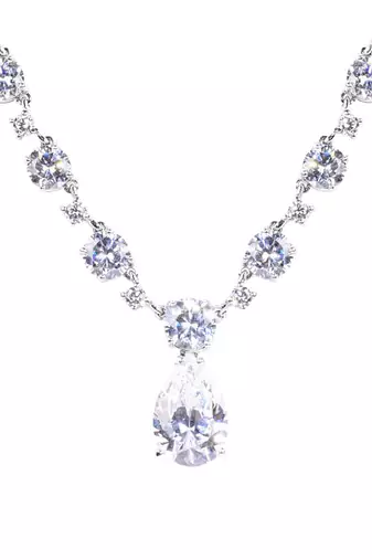 White Solitaire Necklace With Pear Drop Pendant And Earrings