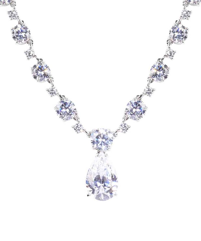 White Solitaire Necklace With Pear Drop Pendant And Earrings