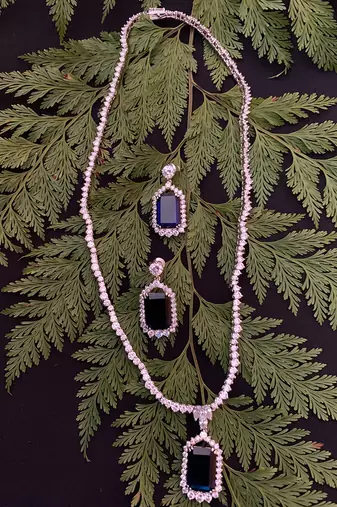 Blue Solitaire Necklace With Rectangle Blue Sapphire Pendant And Earrings