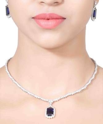 Blue Solitaire Necklace With Rectangle Blue Sapphire Pendant And Earrings 3
