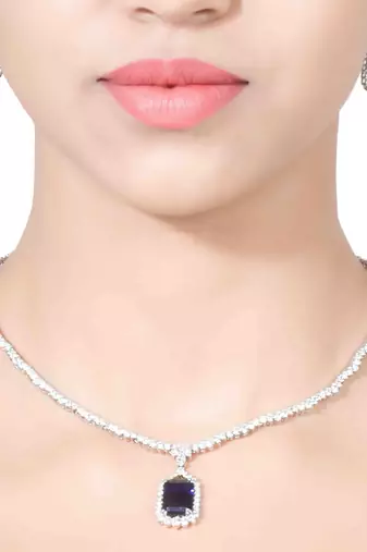 Blue Solitaire Necklace With Rectangle Blue Sapphire Pendant And Earrings