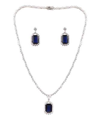 Blue Solitaire Necklace With Rectangle Blue Sapphire Pendant And Earrings 4