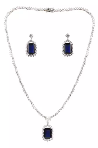 Blue Solitaire Necklace With Rectangle Blue Sapphire Pendant And Earrings