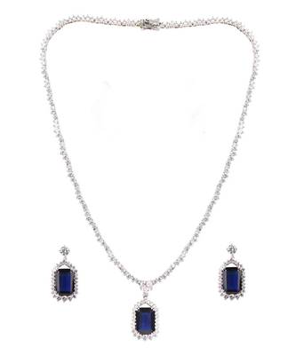 Blue Solitaire Necklace With Rectangle Blue Sapphire Pendant And Earrings 5