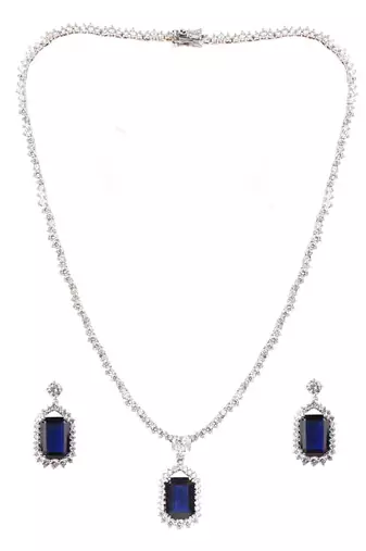 Blue Solitaire Necklace With Rectangle Blue Sapphire Pendant And Earrings