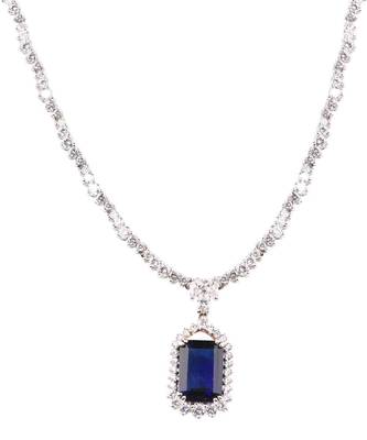 Blue Solitaire Necklace With Rectangle Blue Sapphire Pendant And Earrings 6
