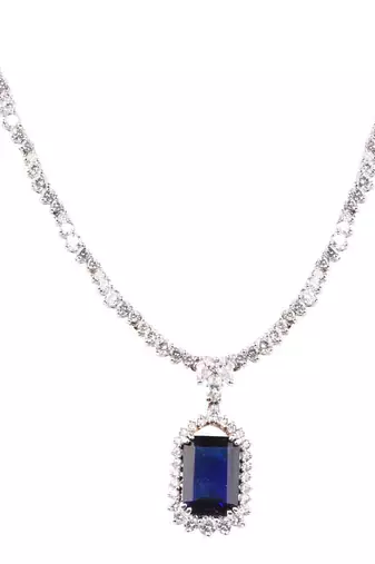 Blue Solitaire Necklace With Rectangle Blue Sapphire Pendant And Earrings