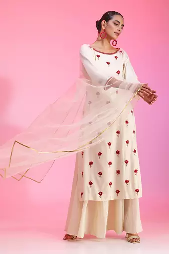 Resham Work Ivory Kurta Set