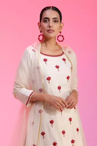 Resham Work Ivory Kurta Set