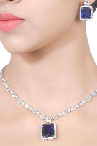 Blue Oval Solitaire Necklace With Big Blue Sapphire Pendant And Earrings