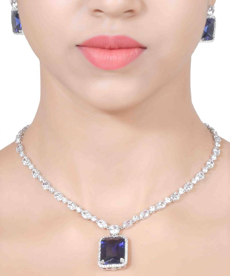 Blue Oval Solitaire Necklace With Big Blue Sapphire Pendant And Earrings