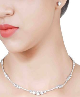 White 3 Solitaire Stone Attached Full Diamond Necklace With Earrings 1