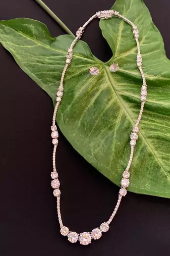 White 3 Solitaire Stone Attached Full Diamond Necklace With Earrings
