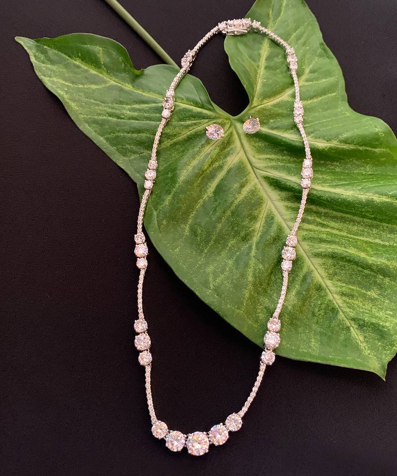 White 3 Solitaire Stone Attached Full Diamond Necklace With Earrings