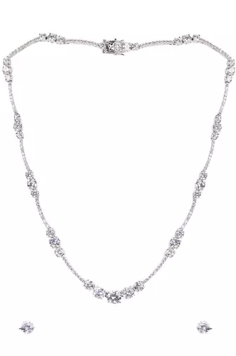 White 3 Solitaire Stone Attached Full Diamond Necklace With Earrings