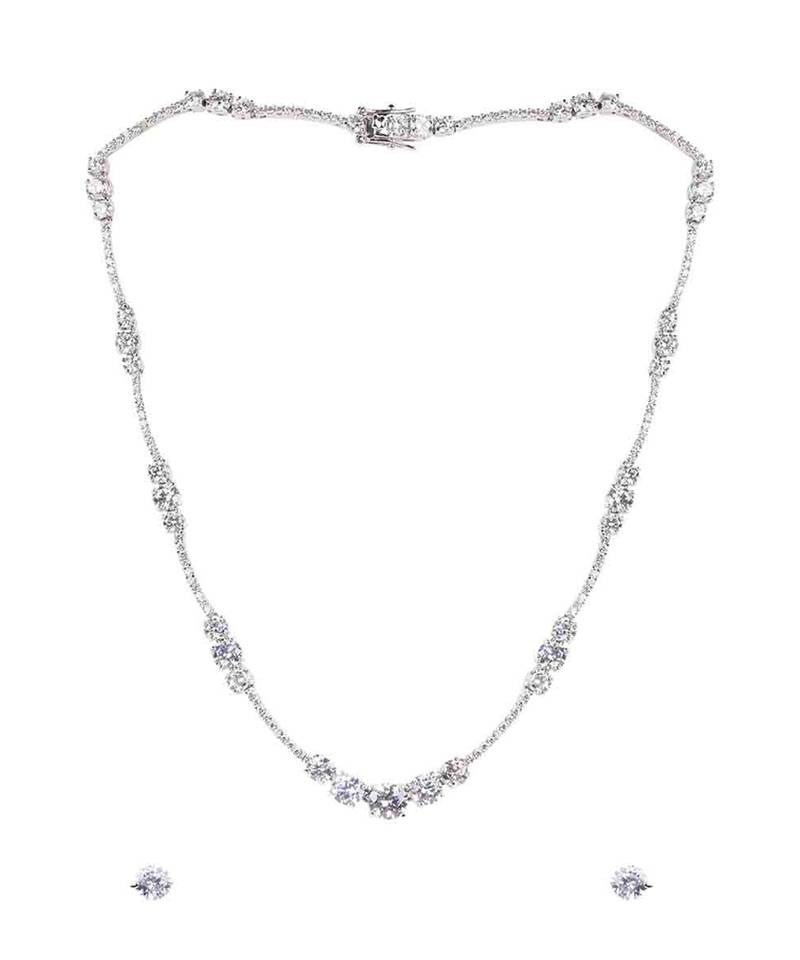 White 3 Solitaire Stone Attached Full Diamond Necklace With Earrings