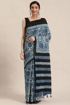 Geroo Jaipur Indigo Pure Cotton Hand Block Print Bagru Saree