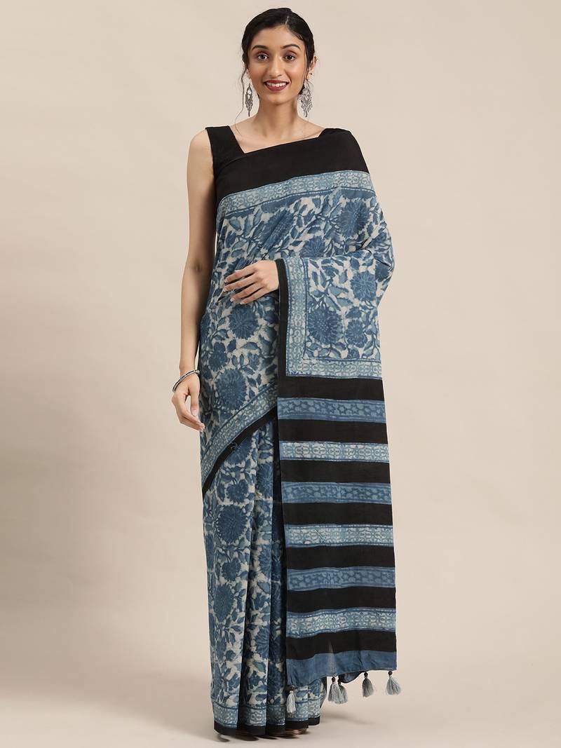 Geroo Jaipur Indigo Pure Cotton Hand Block Print Bagru Saree