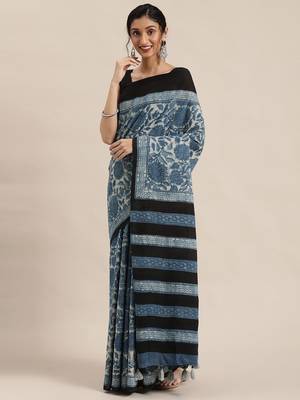  Indigo Pure Cotton Hand Block Print Bagru Saree 2