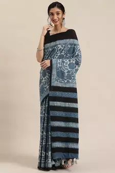   Indigo Pure Cotton Hand Block Print Bagru Saree