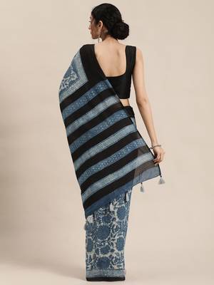   Indigo Pure Cotton Hand Block Print Bagru Saree 3