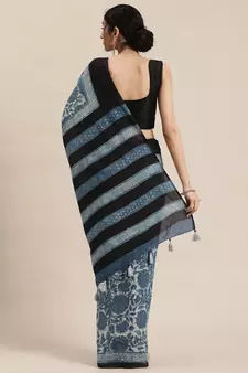   Indigo Pure Cotton Hand Block Print Bagru Saree