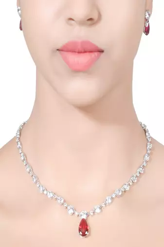 Red Solitaire Necklace With Ruby Drop Pendant And Earrings