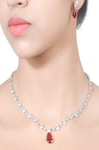 Red Solitaire Necklace With Ruby Drop Pendant And Earrings
