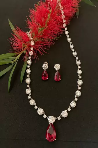 Red Solitaire Necklace With Ruby Drop Pendant And Earrings