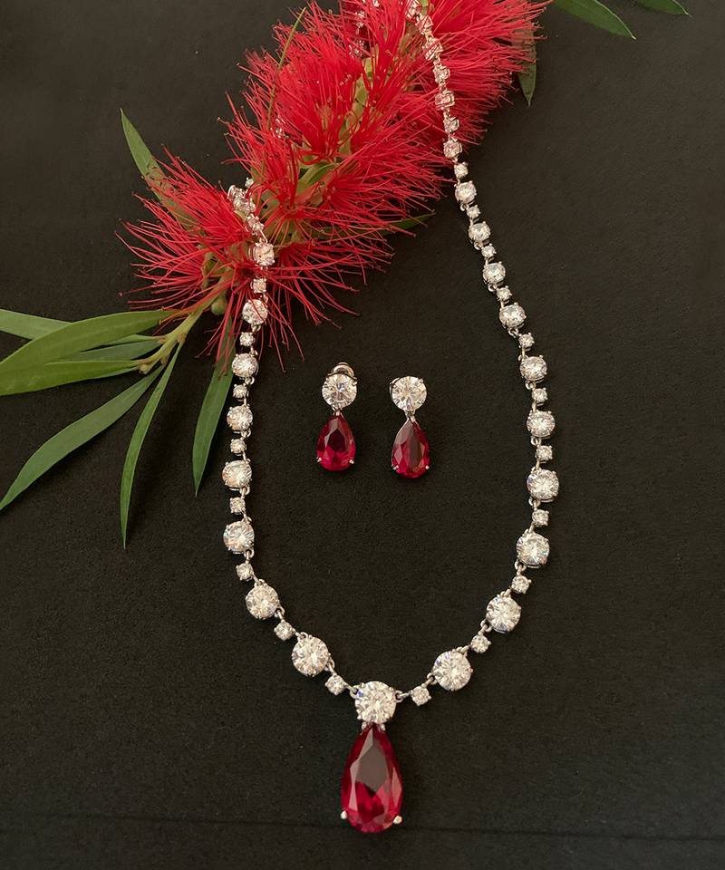 Red Solitaire Necklace With Ruby Drop Pendant And Earrings
