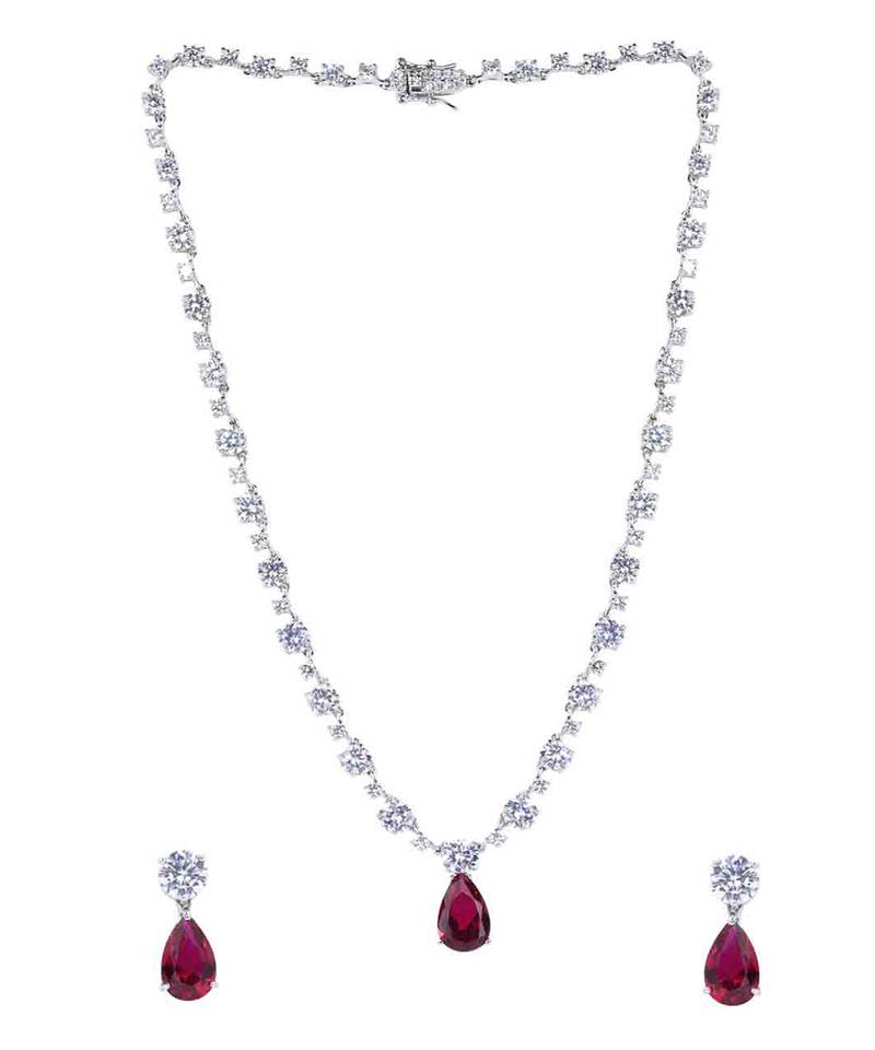 Red Solitaire Necklace With Ruby Drop Pendant And Earrings