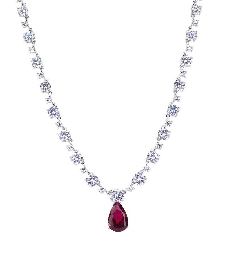 Red Solitaire Necklace With Ruby Drop Pendant And Earrings