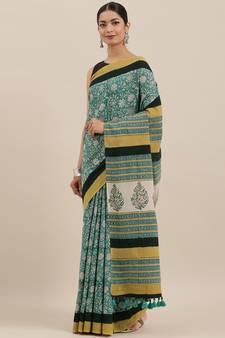Geroo Jaipur Mustard Green Block Printed Cotton Saree Without Blouse